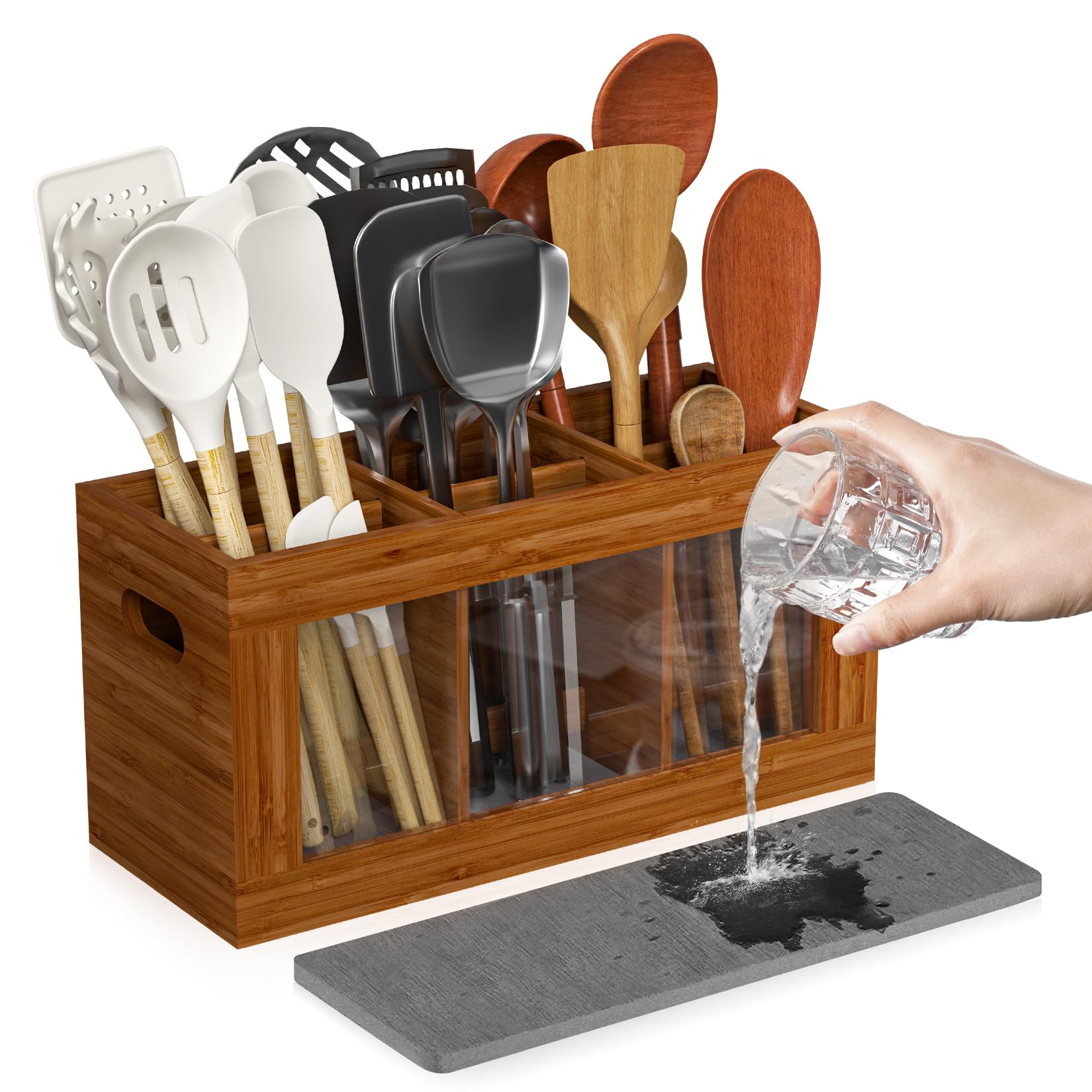 Yofidra Bamboo Kitchen Utensil Holder with Drying Stone and 6 Compartments
