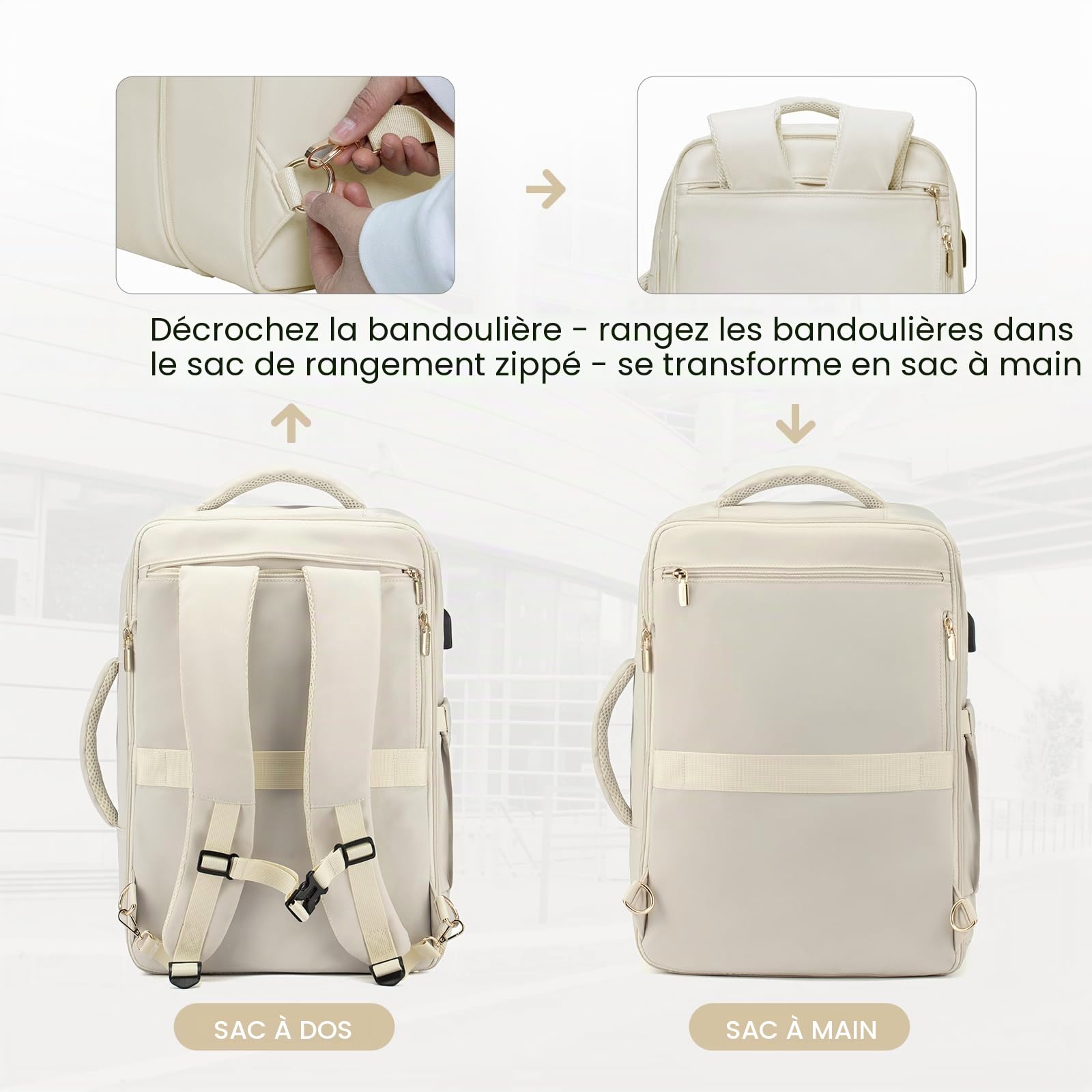 LOVEVOOK Sac à Dos Voyage Femme Homme Sac A Dos Cabine Avion extensible 25-35L Grand Sac à Dos Bagage à Main Sac à Dos Ordinateur Portable 17 Pouces Imperméable Sac Ados Beige