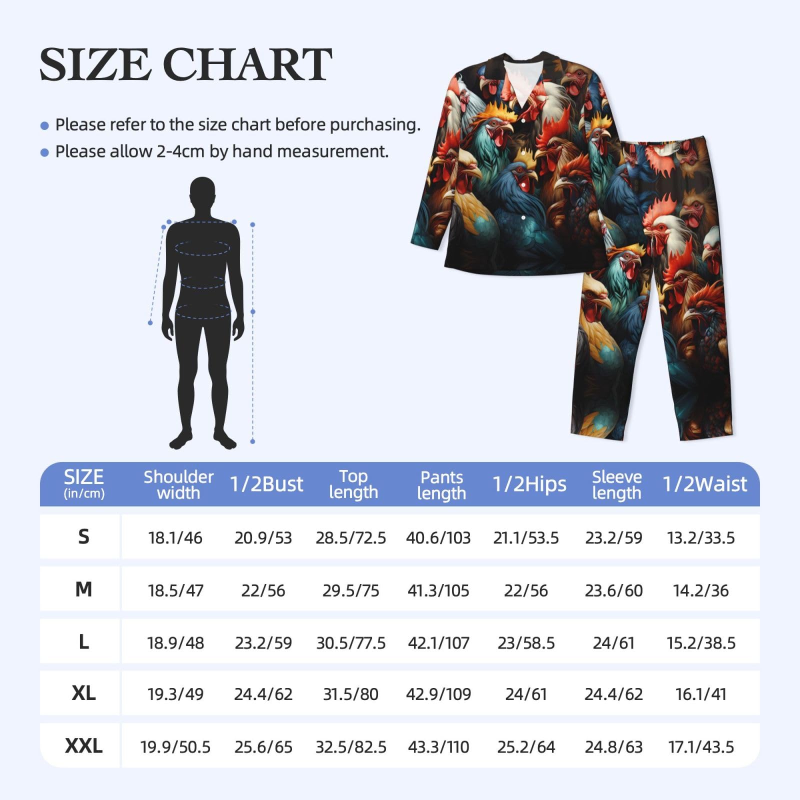 Galli colorati in piedi insieme Set pigiama a maniche lunghe morbido stampato da uomo, abbigliamento casual