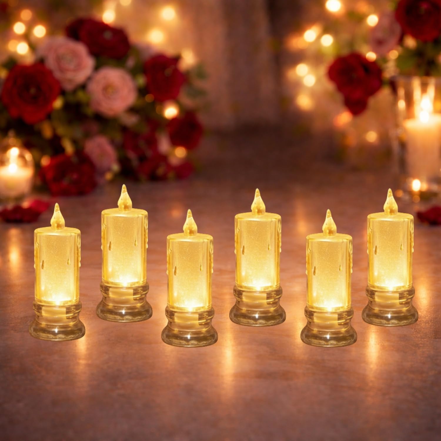 BubbleGlow LED Flameless Candle Light (Pack of 6) | Golden Glass Design | Warm Flickering Flame Effect | Battery Operated Decorative Lights for Diwali, Christmas, Wedding & Home Décor