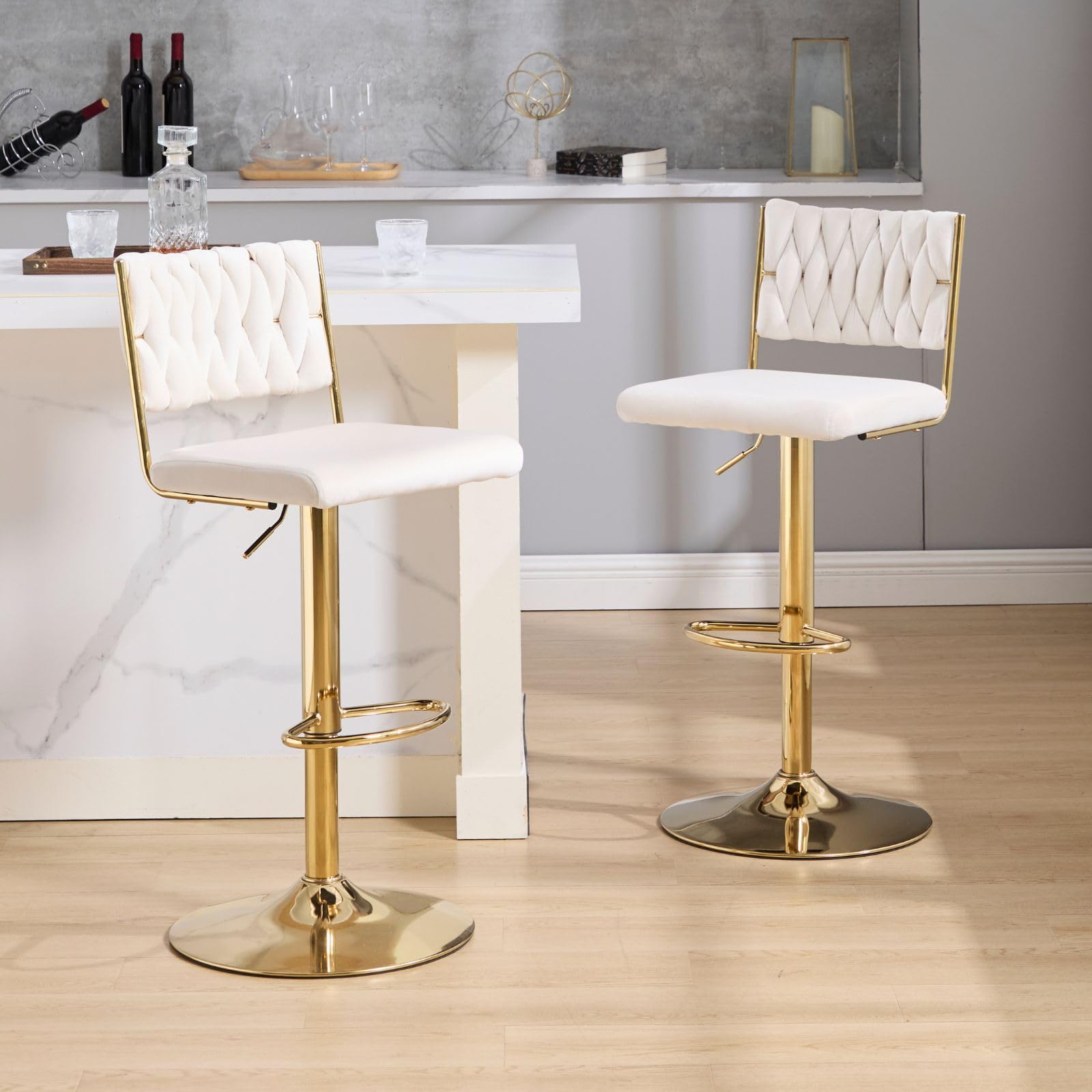 chairus 2X Taburetes de Bar de Terciopelo con Respaldo Trenzado Sillas Altas Cocina Elegantes, Taburetes Isla de Cocina Altura Ajustable Sillas Barra Giratoria con Patas Dorado para Hogar, Beige