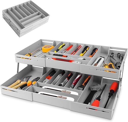 Organizador de cajones extra grande y alto de 2 niveles, organizador de cajones inteligente expandible, organizador de escritorio para herramientas