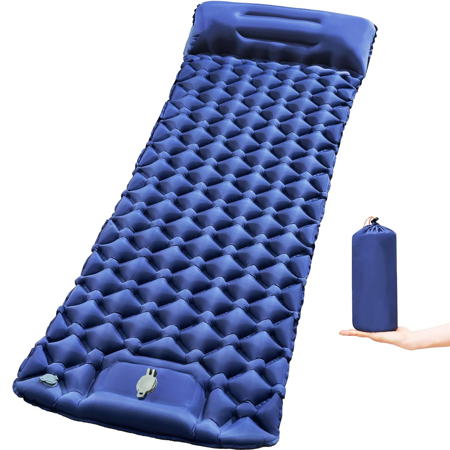 Inflatable Camping Mat with Pillow for Adults Kids- Ultralight Sleeping Mat with Built-in Foot Pump, Durable Waterproof Air Mattress with Storage Bag for Camping, Backpacking, Hiking, Tent (Blue)