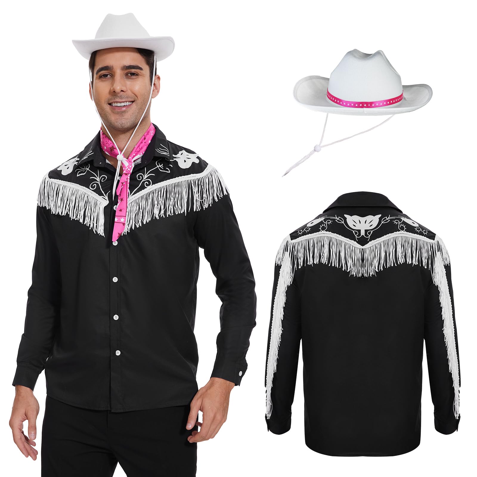 Yonroik 2 Pcs Cowboy Costume for Men,80s 90s Western Fringe Shirt with Scarf,Halloween Cosplay Outfit for Adult