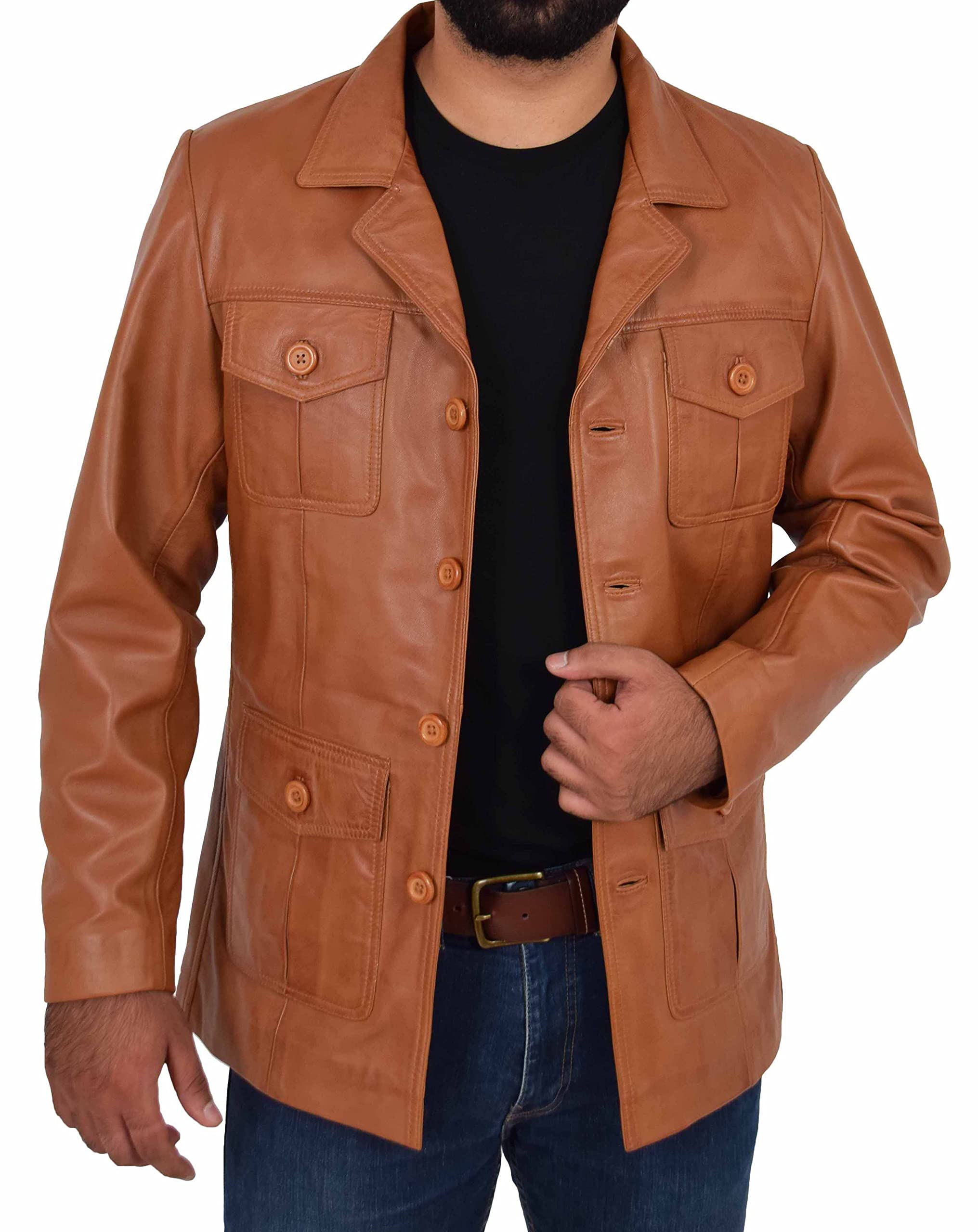 A1 FASHION GOODS Jim Men's Leather Classic Retro 70's Blazer Hunters Safari Jacket Tan M