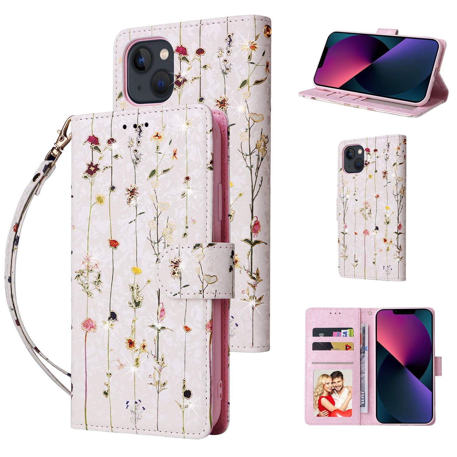 UEEBAI Wallet Case for iPhone 13 6.1 inch, PU Leather Phone Case Kickstand RFID Blocking Flip Case with Card Slots Wrist Strap Relief Engraved Pattern