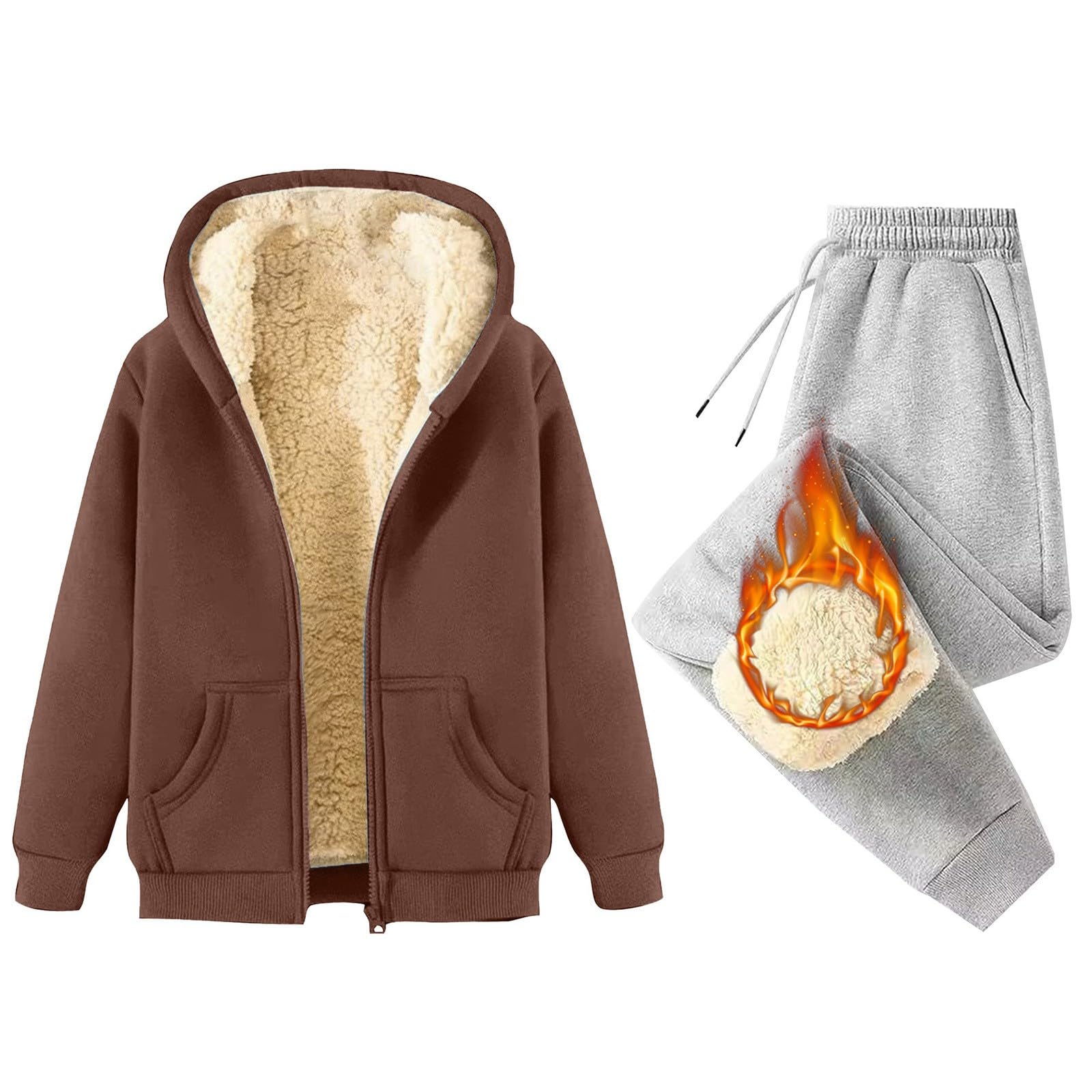 Completo sportivo da donna con giacca, tuta da jogging da donna, in cotone caldo | Tuta sportiva con cappuccio e cerniera, per l'inverno, foderata, morbida, in due pezzi