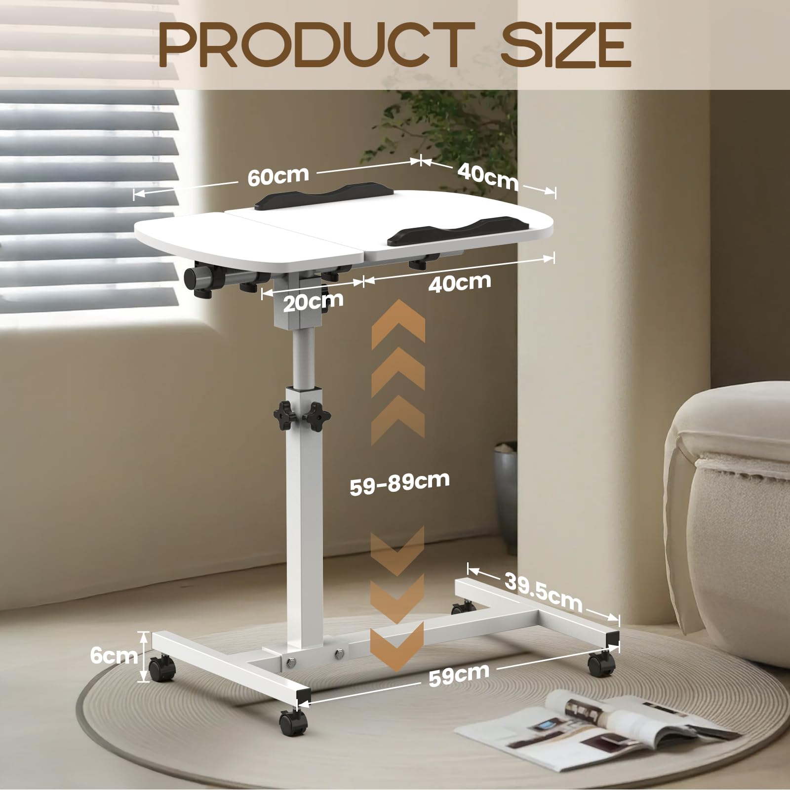 Soontrans Table de lit sur roulettes - 60 x 40 cm - Réglable en hauteur - Plateau inclinable à plusieurs angles - Pour lit d'hôpital, lit de soins, salon, chambre à coucher, bureau (blanc)