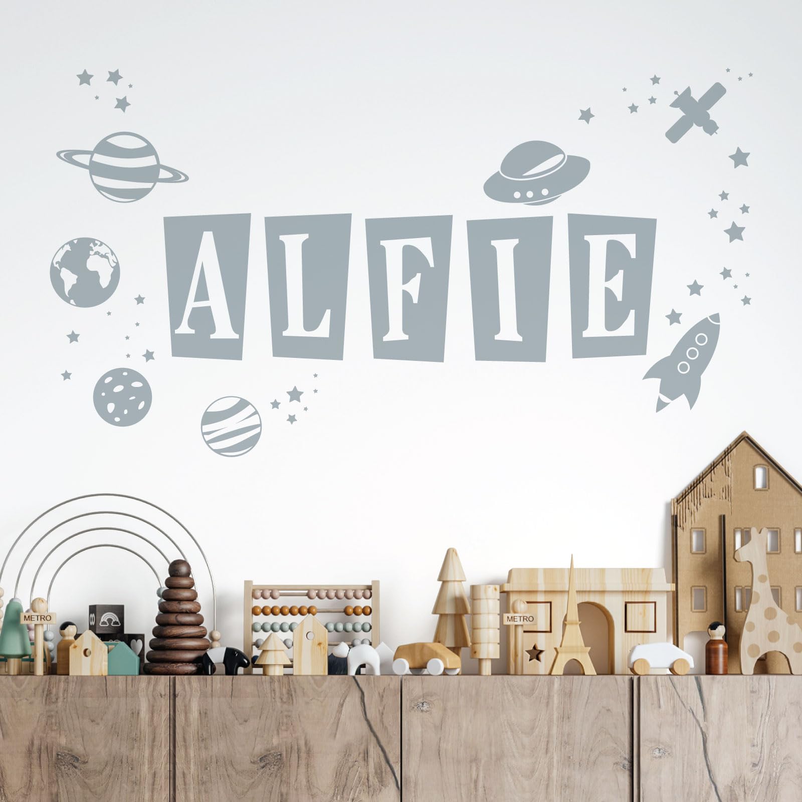 Personalised Name Children Wall Art Sticker - Space Theme, Planets, Stars, Earth, Rocket, UFO [Large] [Silver]