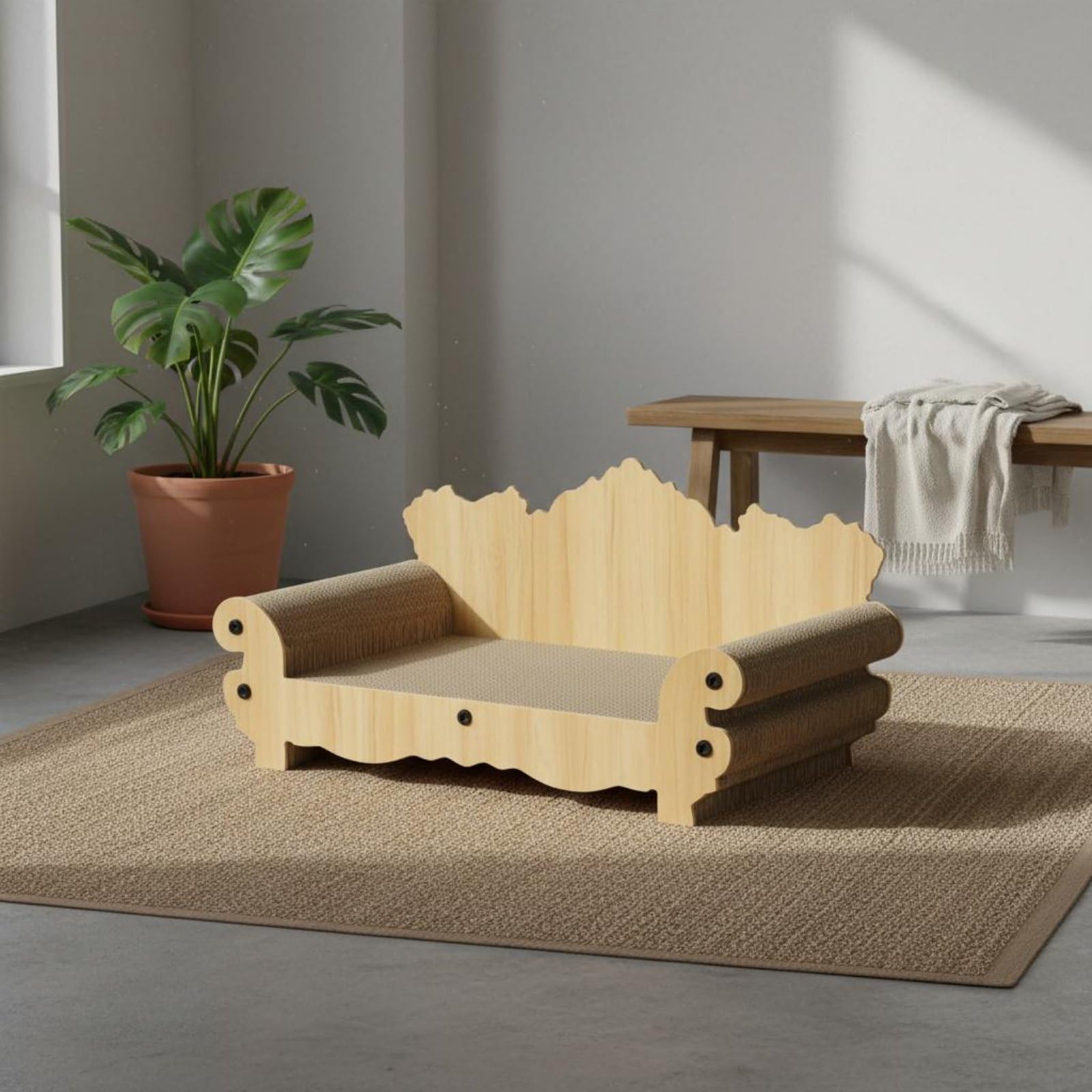 Canapé Griffoir pour Chat Griffoir Canapé Lit Meuble Sofa Courbure Anatomique pour Soutien Carton Ondulé Dense Antidébris Cadre Stable Imitation Bois, Haute Qualité