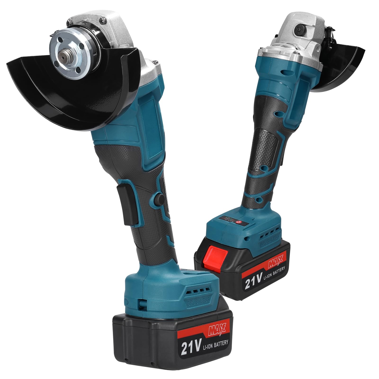 Weytoll Amoladora angular inalámbrica 125 mm, 21 V, motor sin escobillas, 2 baterías 1300 mAh, deflector grueso, mango auxiliar, velocidad regulable, bloqueo husillo