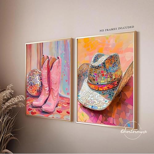 Miniatura 7 de 2 pósteres de sombrero de vaquero de bola de discoteca rosa, arte de pared, botas de vaquero preparadas, decoración de lienzo, cuadros de lienzo
