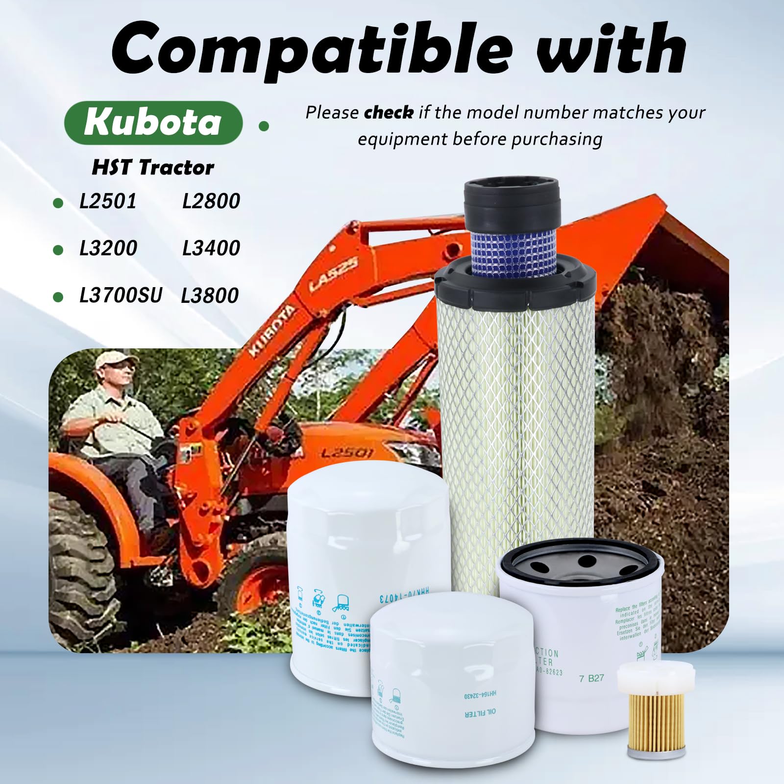 Tune Up - Kit de filtros de servicio de mantenimiento compatible con Kubota L2501 L2800 L3200 L3400 L3700SU L3800 HST Tractor, filtro hidráulico de aire y aceite de repuesto # HH164-32430 HH3A0-82623