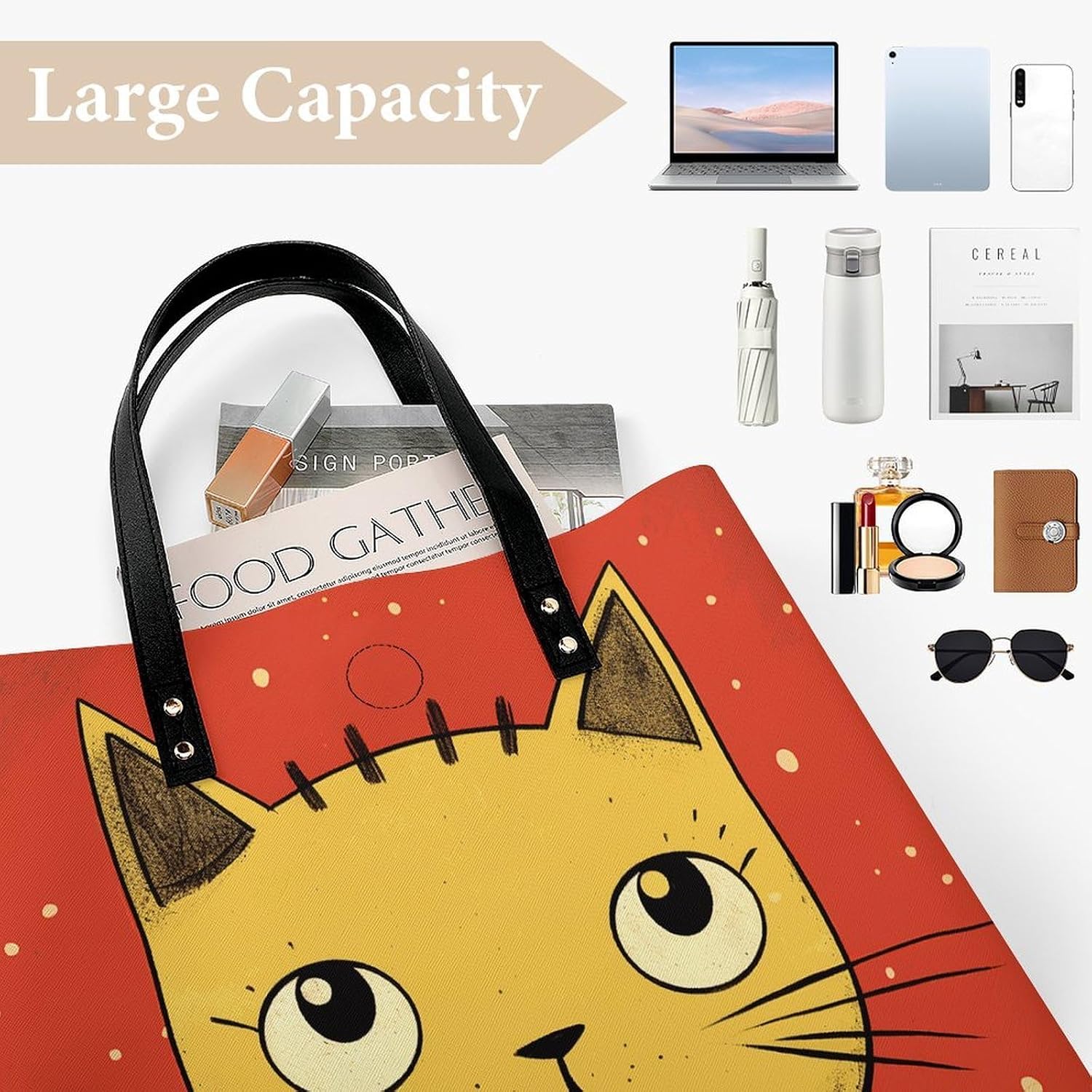 Cute Cat Icon Handbags Large Capacity, Tote Bag Stylish Slouchy, Shoulder Bags for Work Beach Travel And Shopping Grocery.