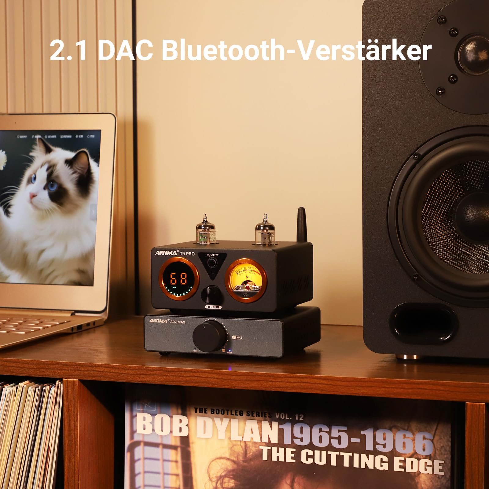 AIYIMA T9PRO 2.1-Kanal-Stereoverstärker mit TPA3250-Röhren-Bluetooth-DAC | HiFi-Klasse-D-Verstärker mit ES9018K2M,QCC3040 aptX,VU-Meter und Digitalanzeige,Höhen/Bässen,AUX-Ausgang,für Heimlautsprecher