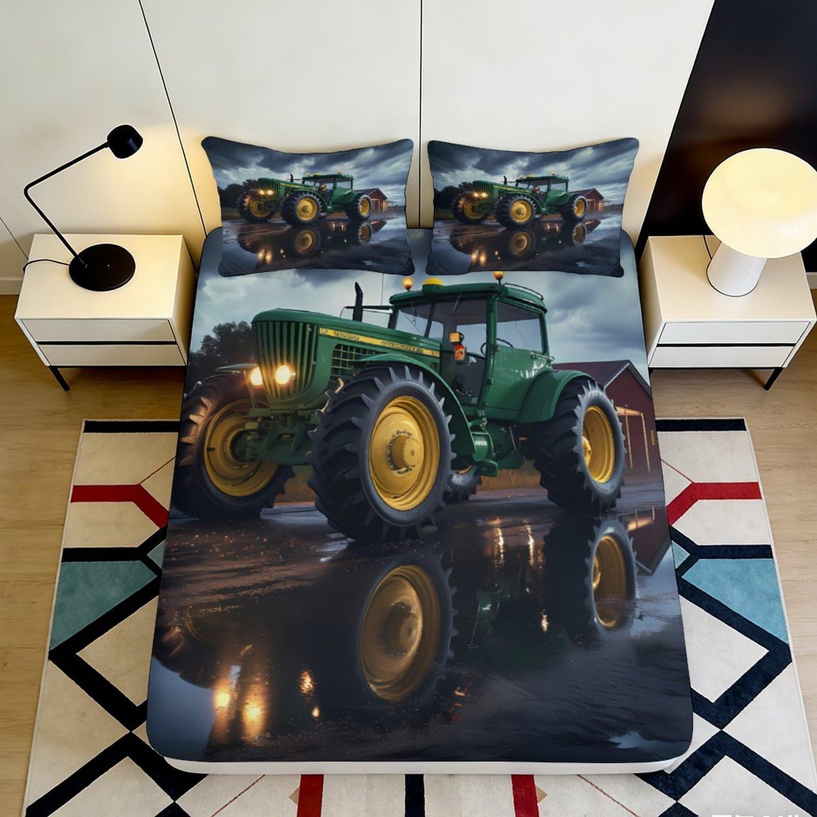 3D Printed Green Tractor Fitted Sheet Microfiber Soft Farm Landscape Bed Cover for Bedroom Guest Room Decor 90x200x25cm