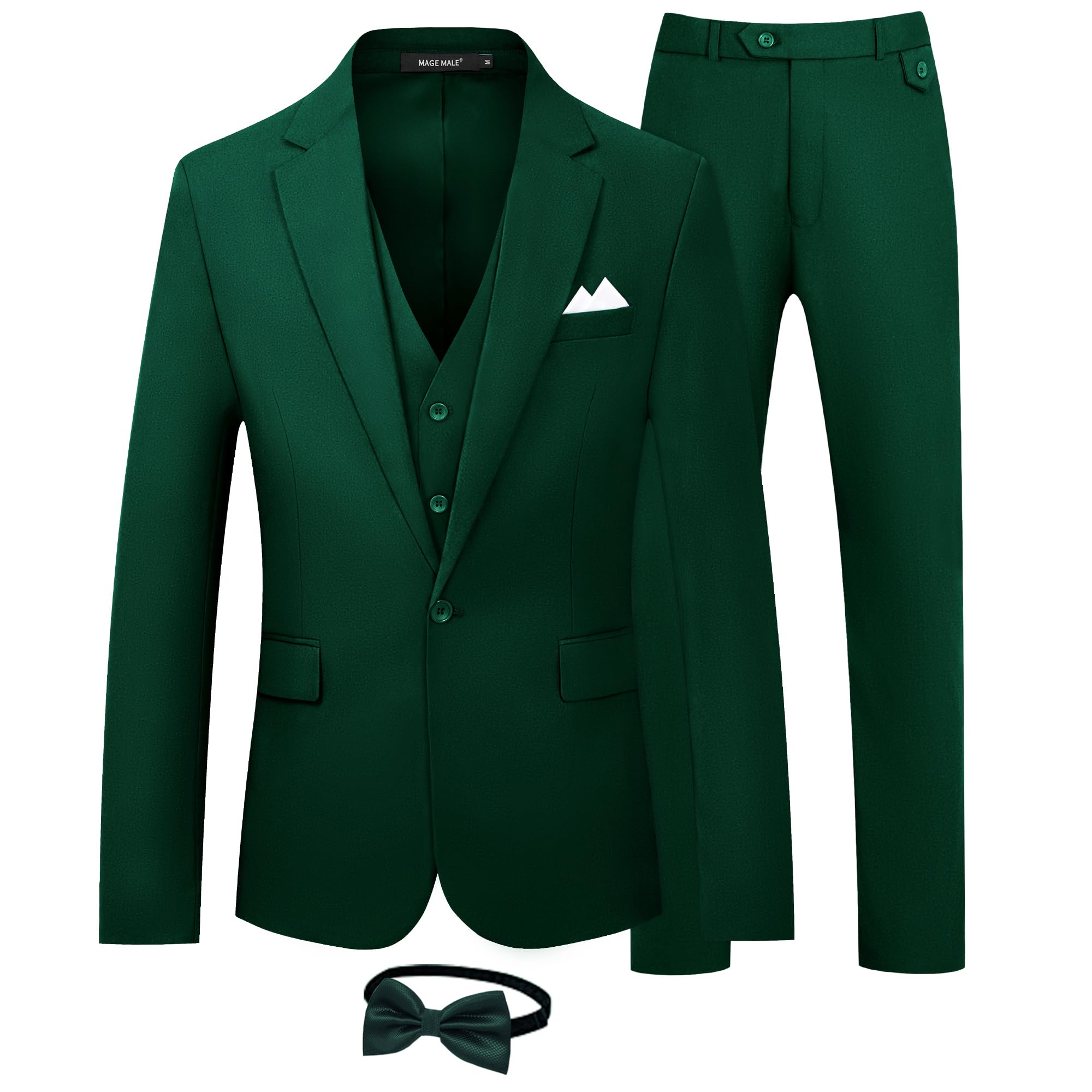MAGE MALEMens 3 Piece Suits Slim Fit Tuxedo Suit Set Soild Prom Wedding Suits One Button Blazer Vest Pants Set with Bow Tie