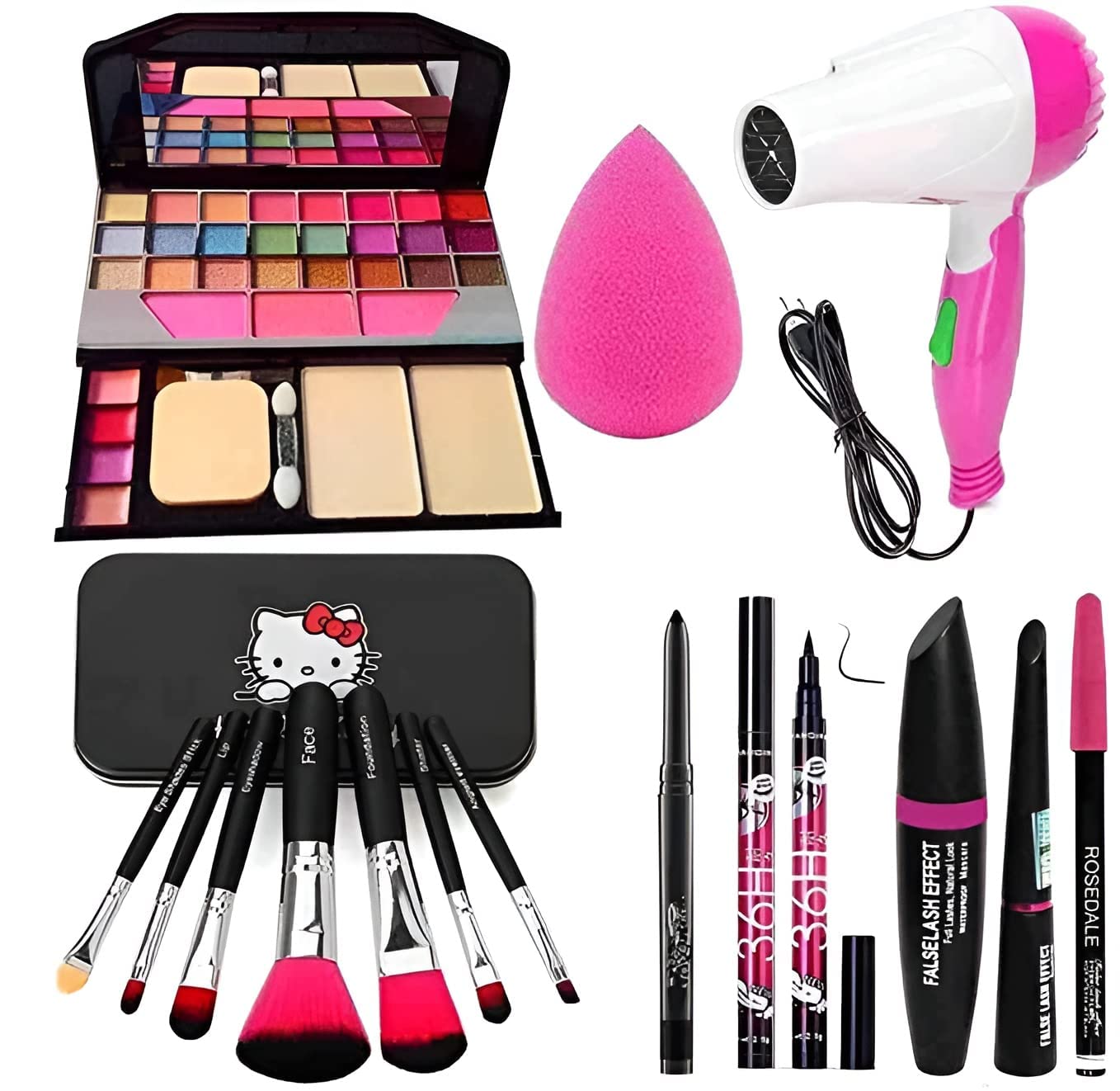 Yoky House TYA 6155 Multicolour Makeup Kit with 7 Black Makeup Brushes, Hair Dryer, 36H,Kajal, 3in1 Eyeliner, Mascara, Eyebow Pencil and 1 Pink Beauty Blender - (Pack of 15)