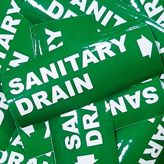 Industrial Pipe Markers (25-Pack), Safety Labels for Pipeline Identification, Supplied at 5.5 INCHES in Length (Green/White, 6.5 INCHES) Sanitary Drain + Arrow
