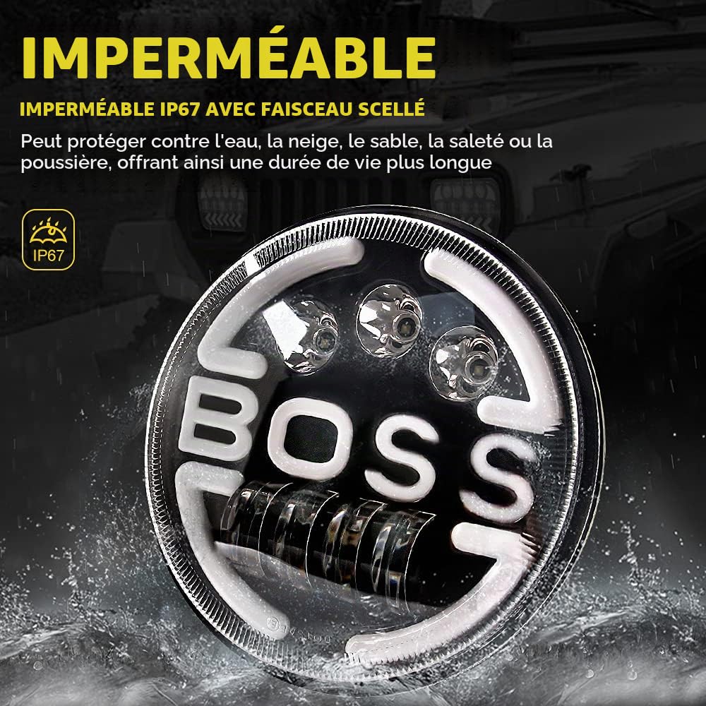 Lot de 2 7 Pouces LED Phare, 150W 10000LM 4 Modes Eclairages Halo DRL ámbar feu de virage Vitesse de la lumière haute et basse H6024 pour Wrangler LJ TJ CJ JK Hummer H1 H2 Land Rover Defender