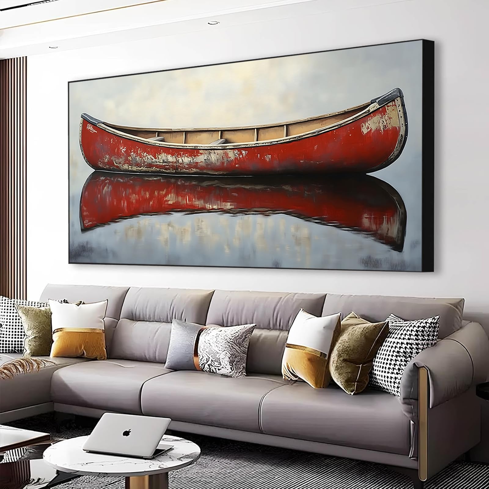 Vintage Red Canoe Canvas Wall Art, Rustic Lake House Canvas Wall Art, Serene Landscape Picture Print, Boat Print Decor, Nautical Decor for Living Room