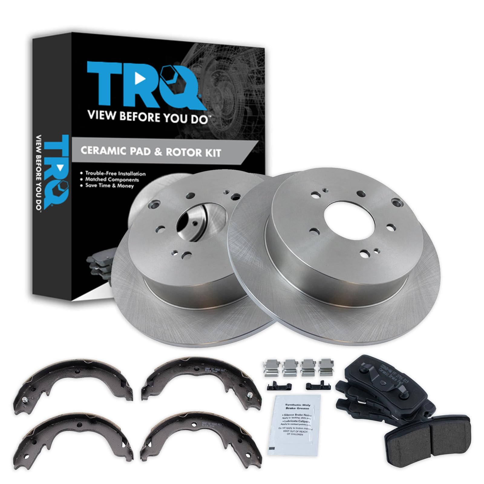 TRQ Rear Brake Pad and Rotor Set Ceramic Parking Brake Shoes Compatible with 2010-2011 Mitsubishi Endeavor