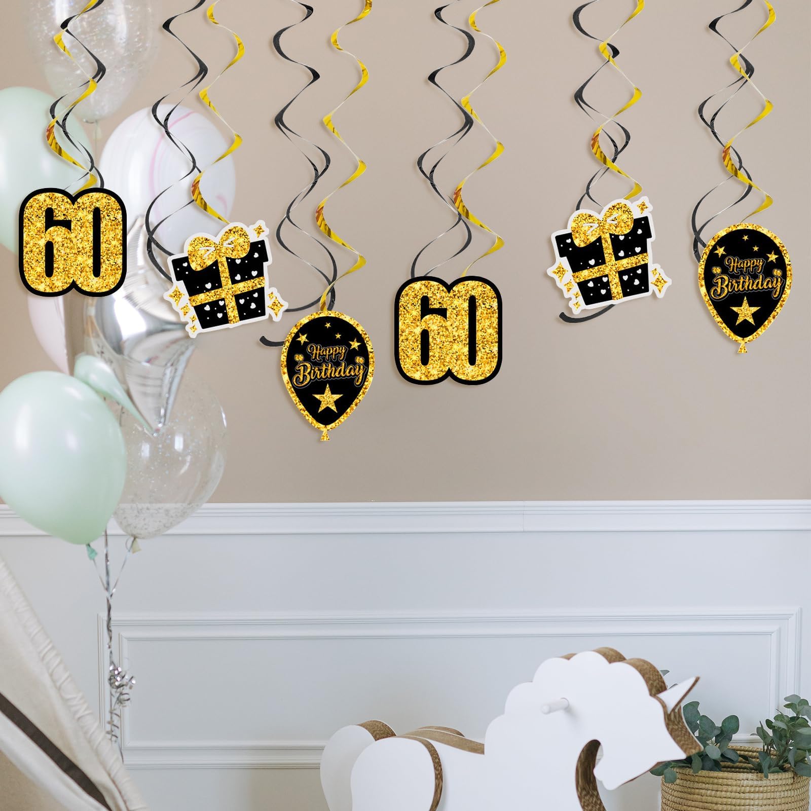 Set Di 6 Decorazioni A Spirale Per 60° Compleanno, Oro/argento/nero, In PVC E Carta, Diametro 14-18 Cm, Per Feste