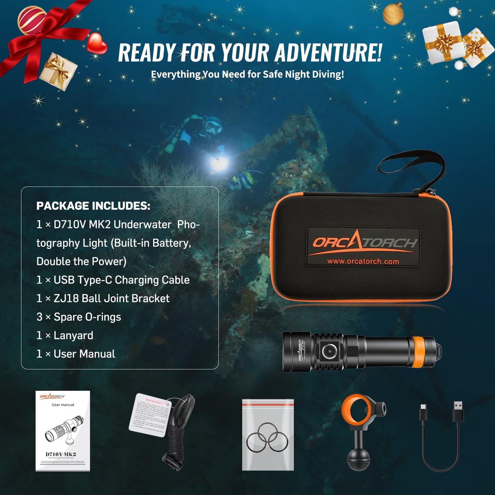 ORCATORCH D710V MK2 Tauchlampe, 2300 Lumen Tauchen Taschenlampe mit Weiß+UV+Rot für Video Fotografie, IP68 wasserdichte LED Tauchen Licht für Unterwasser 150M Nachttauchgänge, Wracktauchen, Camping