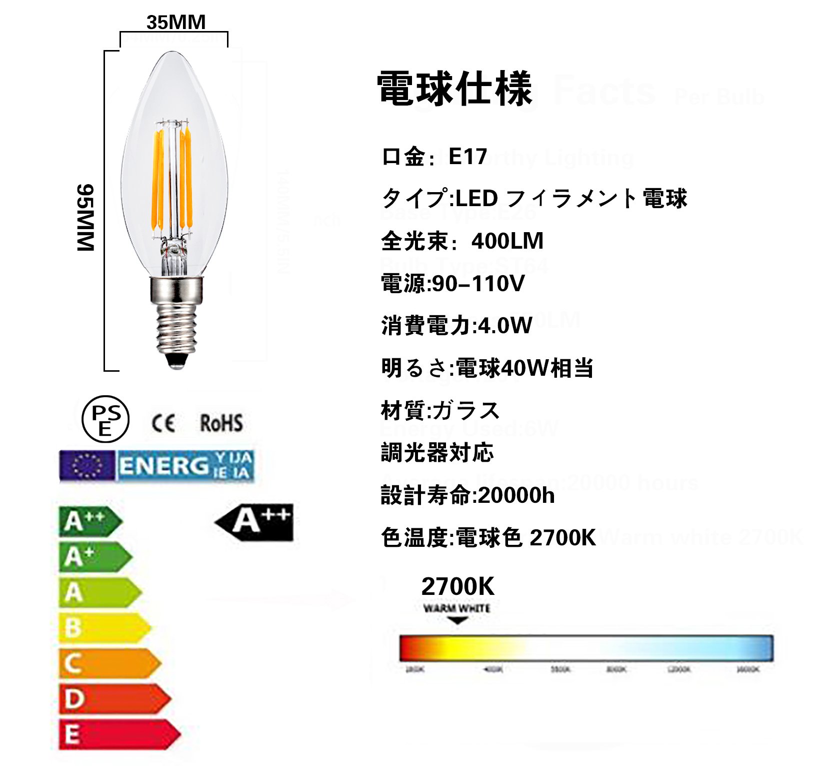 Amazon | C35 シャンデリア電球 40W形相当 E17口金 LED エンジン電球