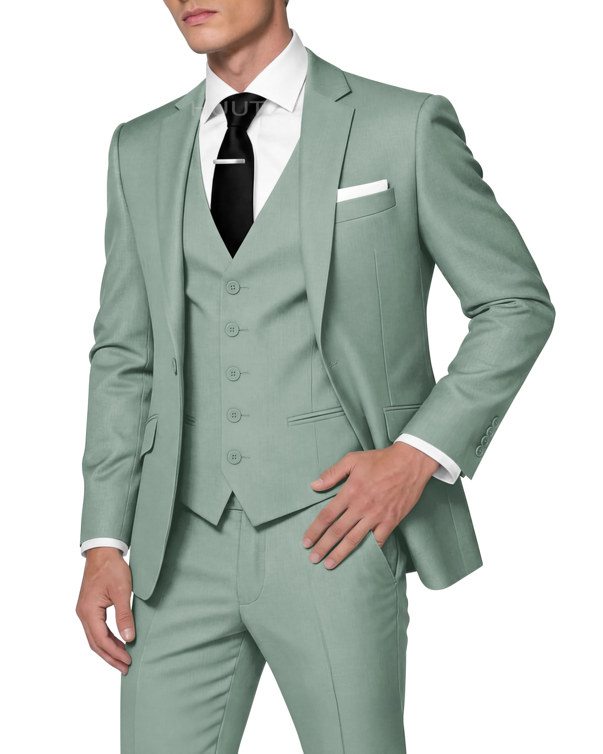 HUUTOE Trajes de 3 piezas para hombre, ajuste delgado, trajes de graduación para hombre, vestido de boda, traje de verano, chaqueta, chaleco, pantalones, esmoquin