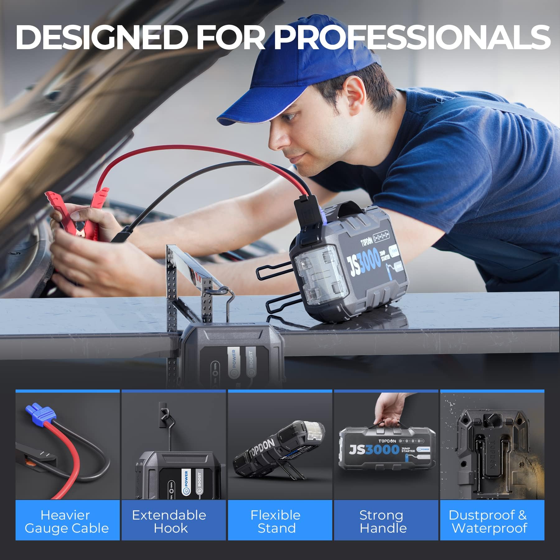 TOPDON Booster Batterie 3000A 24000mAh Démarreur de Batterie, JS3000 Portable Jump Starter pour Véhicule ( Jusqu’à 9L Essence /7L Gazole) Démarrage de Voiture