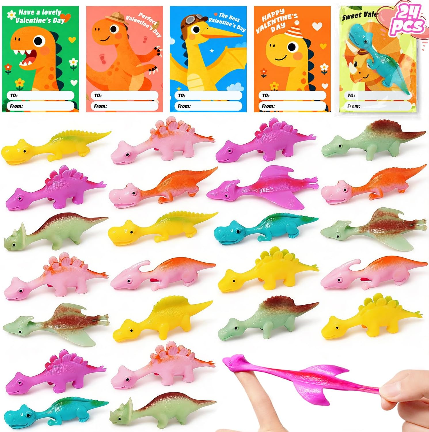 24 Pcs Valentine's Day Gifts for Kids, Valentines Day Cards for School Classes,Easter Egg Fillers Classroom Gifts Slingshot Dinosaur Finger Party Favors for Kids,Easter Basket Stuffers