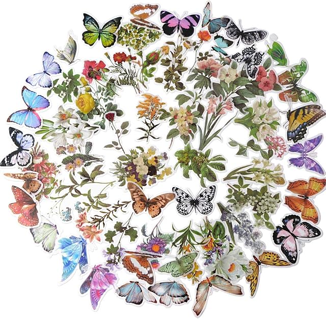 Vintage Ephemera Pack of 60, Tropical Plants Style Note Decoration Stickers Easy Self-Adhesive Butterflies Wildflowers for Scrapbook, Notebook, Journal, Card Making