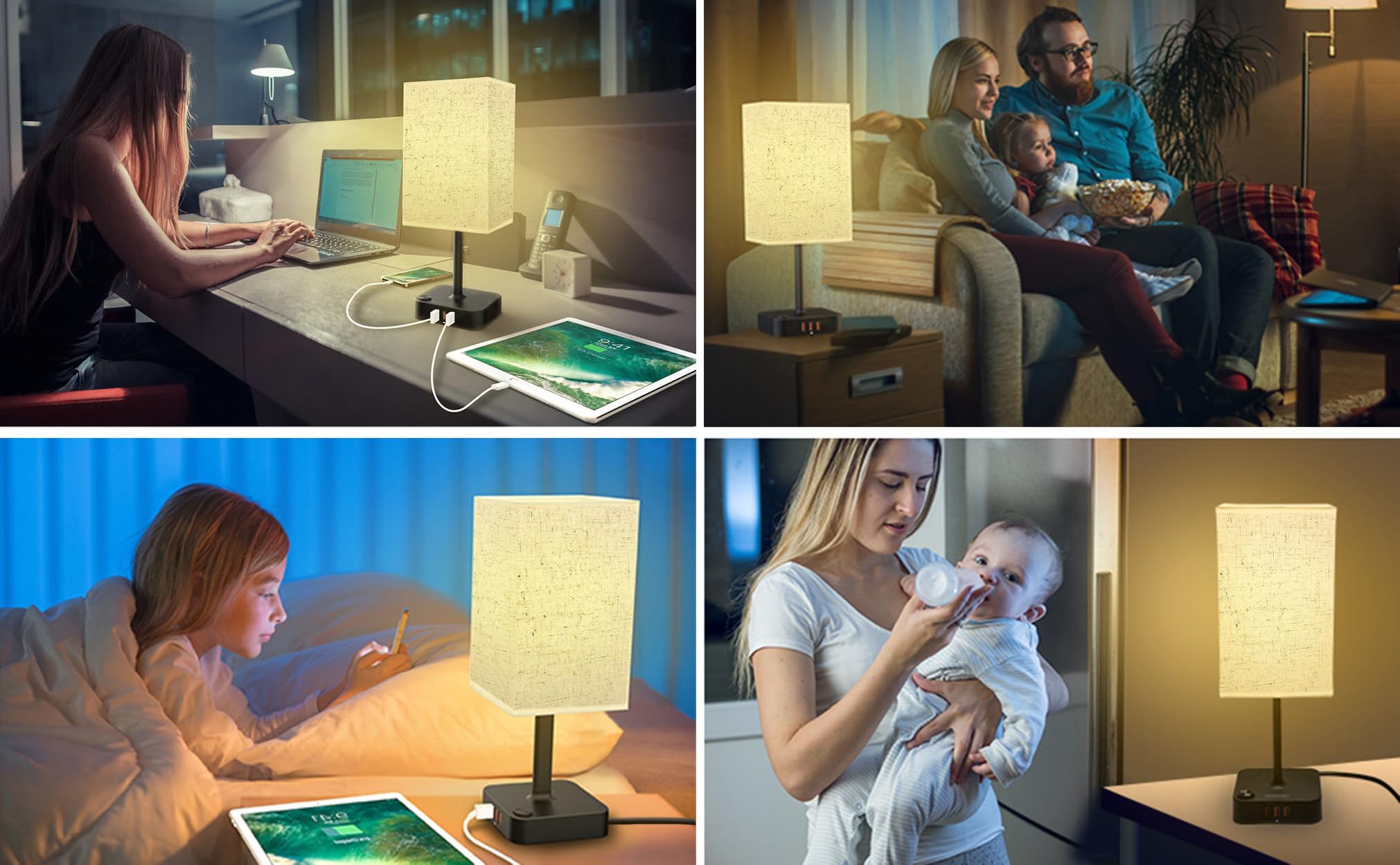 COZOO USB Bedside Table Desk Lamp with 3 USB Charging Ports and 2 Outlets Power Strip,Black Charger Base with White Fabric Shade, LED Light for Bedroom/Nightstand/Living Room/Dorm/Home Office/College