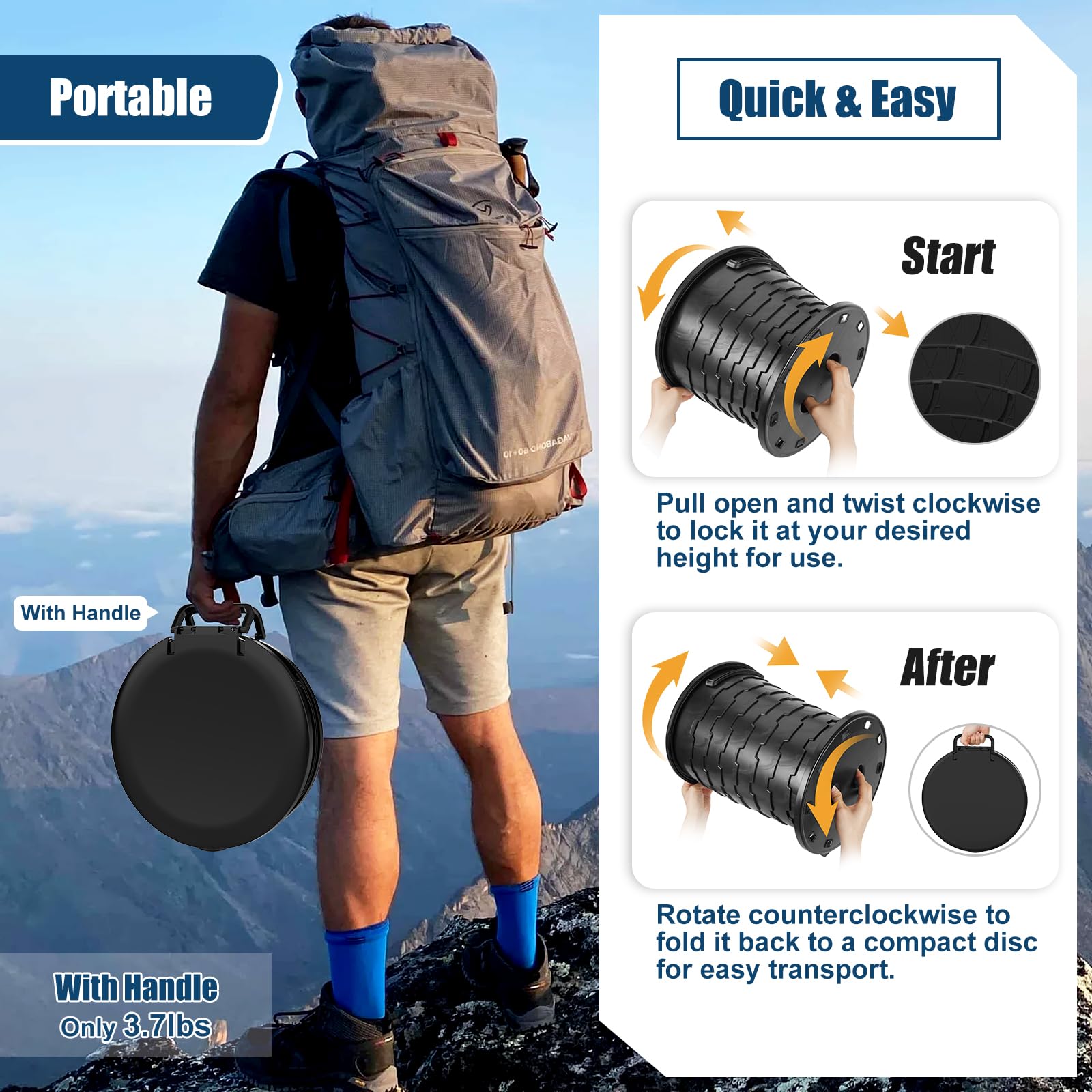 WADEO WC da Campeggio aggiornato, Portatile per Adulti, Pieghevole con Coperchio e portarotolo, Perfetto per Viaggio, Auto (Nero - Tondo - Retrattile)