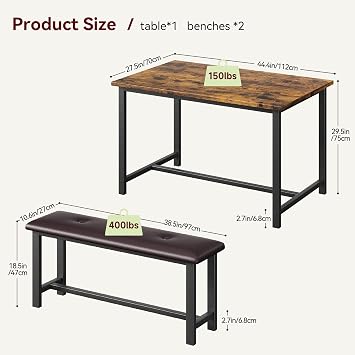 Amyove Dining Table Set for 4, Kitchen Table with 2 Benches, 3 Piece Dining Room Table Set with Upholstered Benches, Space-Saving Kitchen Table Set for Small Space, Apartment, Studio, Rustic Brown
