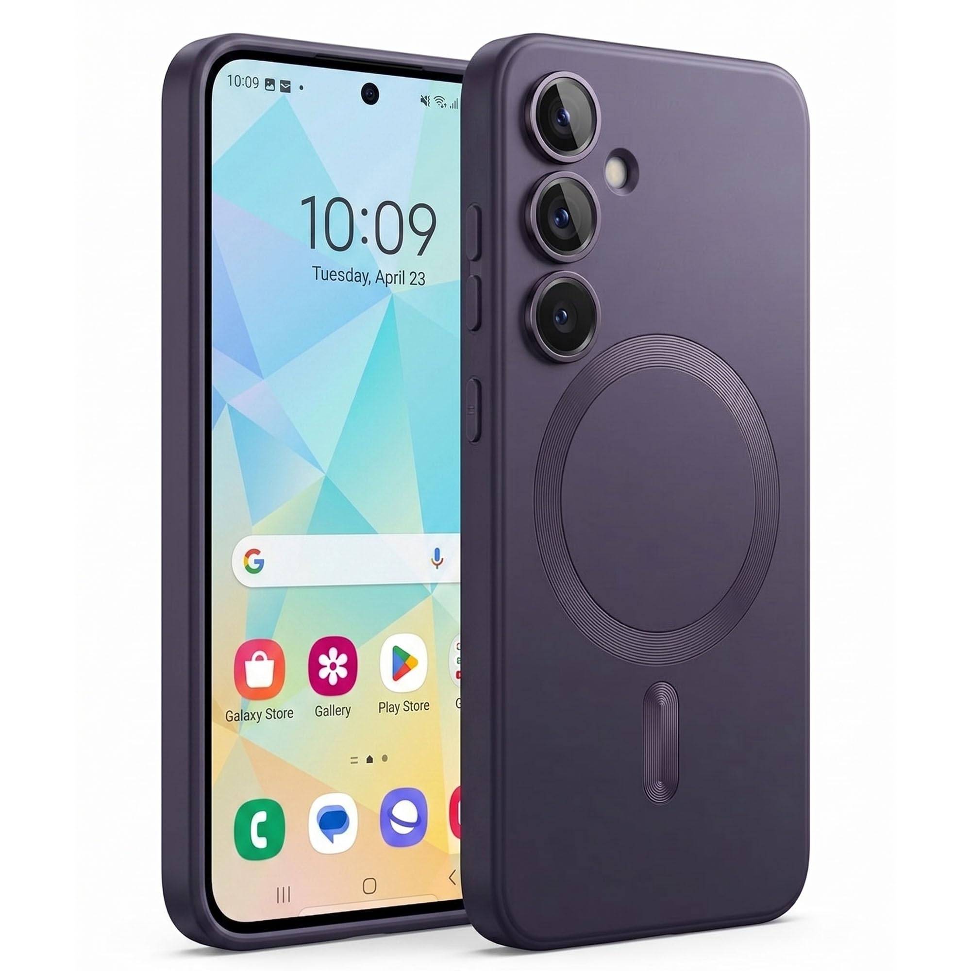 amazon basics premium mag-safe case for samsung galaxy s24 5g | shockproof & anti-scratch cover | soft silicone with wireless charging | camera lens guard - purple