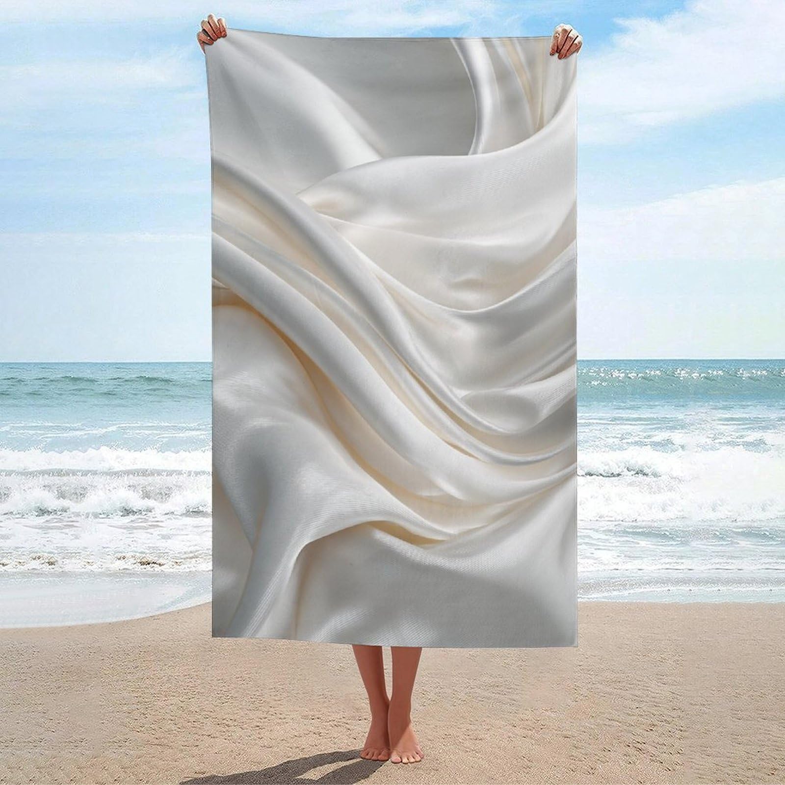 asbwuo White Silk Fabric Elegant Flowing Folds Beach Towel