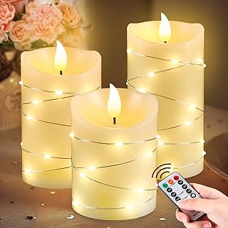 3PCS Fall Christmas Flameless Candles with Remote Timer String Lights 3D Flame, Electric Battery Operated Candles Flickering Fake Led Pillar Candles Fall Decorations for Home Table Room Decor