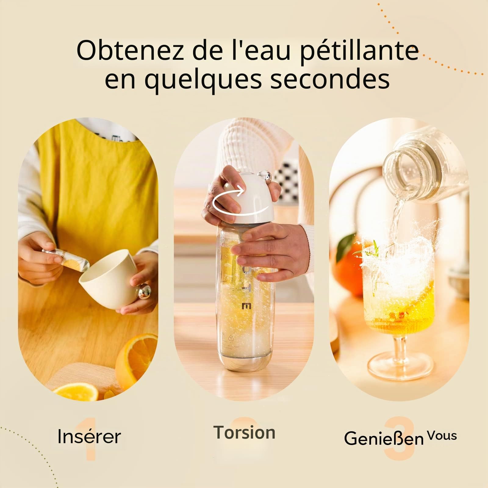 OTE Machine Eau Gazeuse Portable, Double Couche PET Portable Soda Streaming Machine Safe 450 ml Personal PET Seltzer Stream Carbonator Pas d'électricité Sans BPA (Beige)(No Co2 Cartridges)