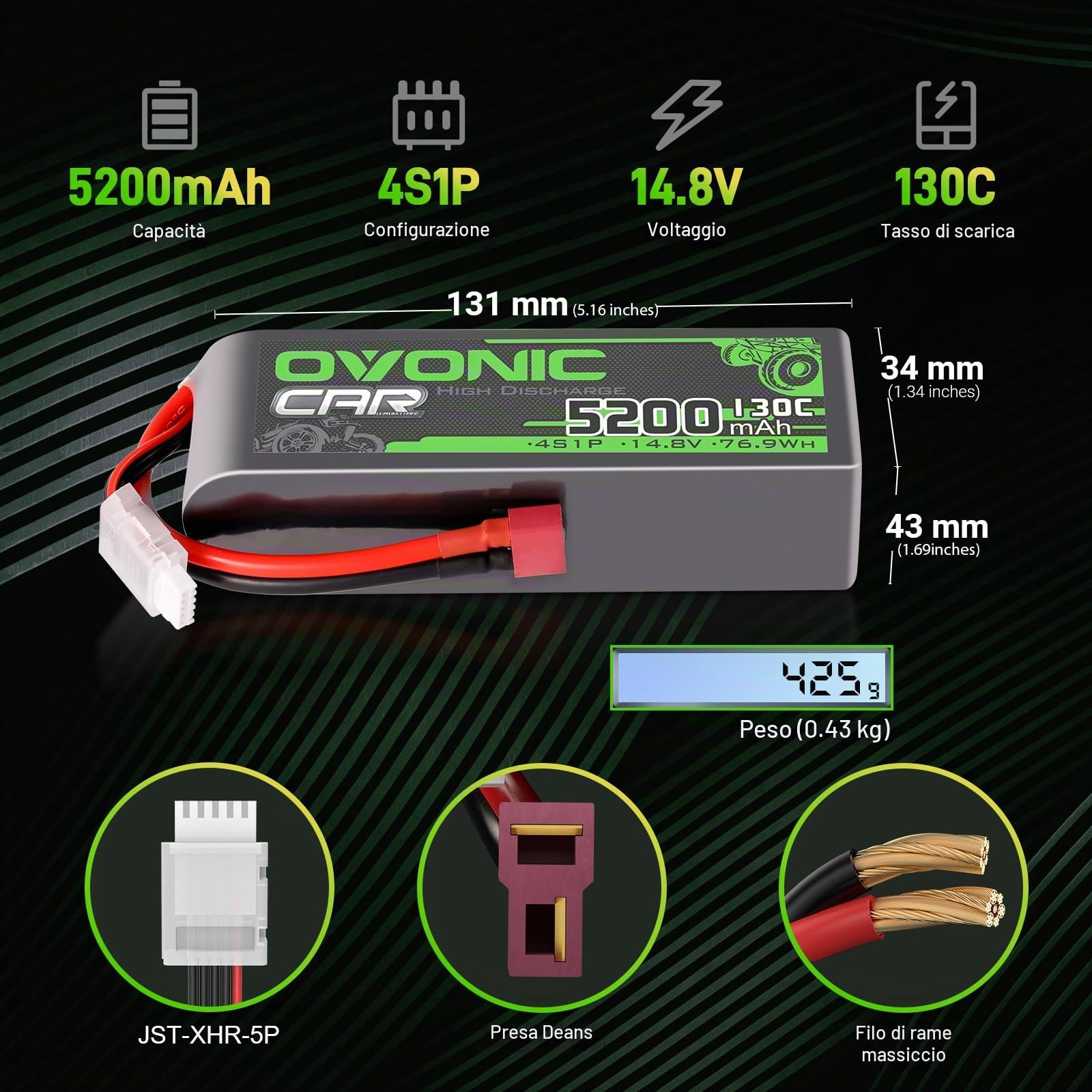 OVONIC Batteria Lipo da 4 s, 14,8 V, 5200 mAh, 130 C, con spina Deans T, batteria Lipo per auto RC, camion, Truggy, quadricottero, elicottero, camion, barca, aereo (2 pezzi)