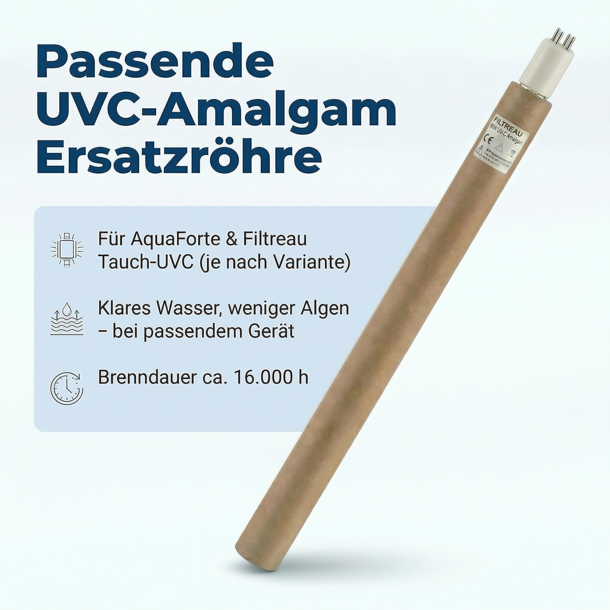 Pondlife Tauch-UVC Amalgam Ersatzröhre 80W, UVC Lampe für Teich, Sockel T5 4‑Pin (Base C), Baulänge inkl. Pins 65,7 cm, Ø 17–18 mm, ca. 16.000 h Brenndauer