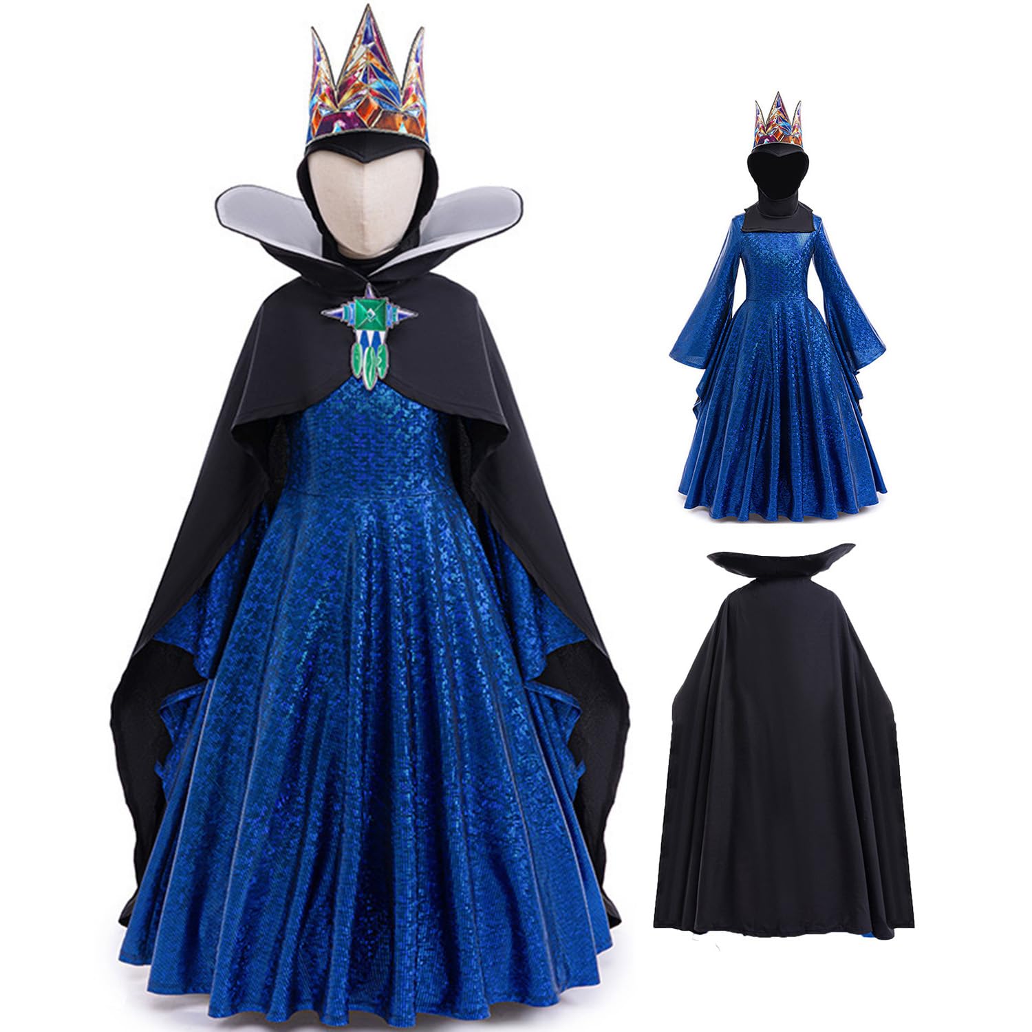Omoiiufa Girls Evil Queen Dress Set Witch Queen Costume with Crown Cape for Halloween Dress-Up