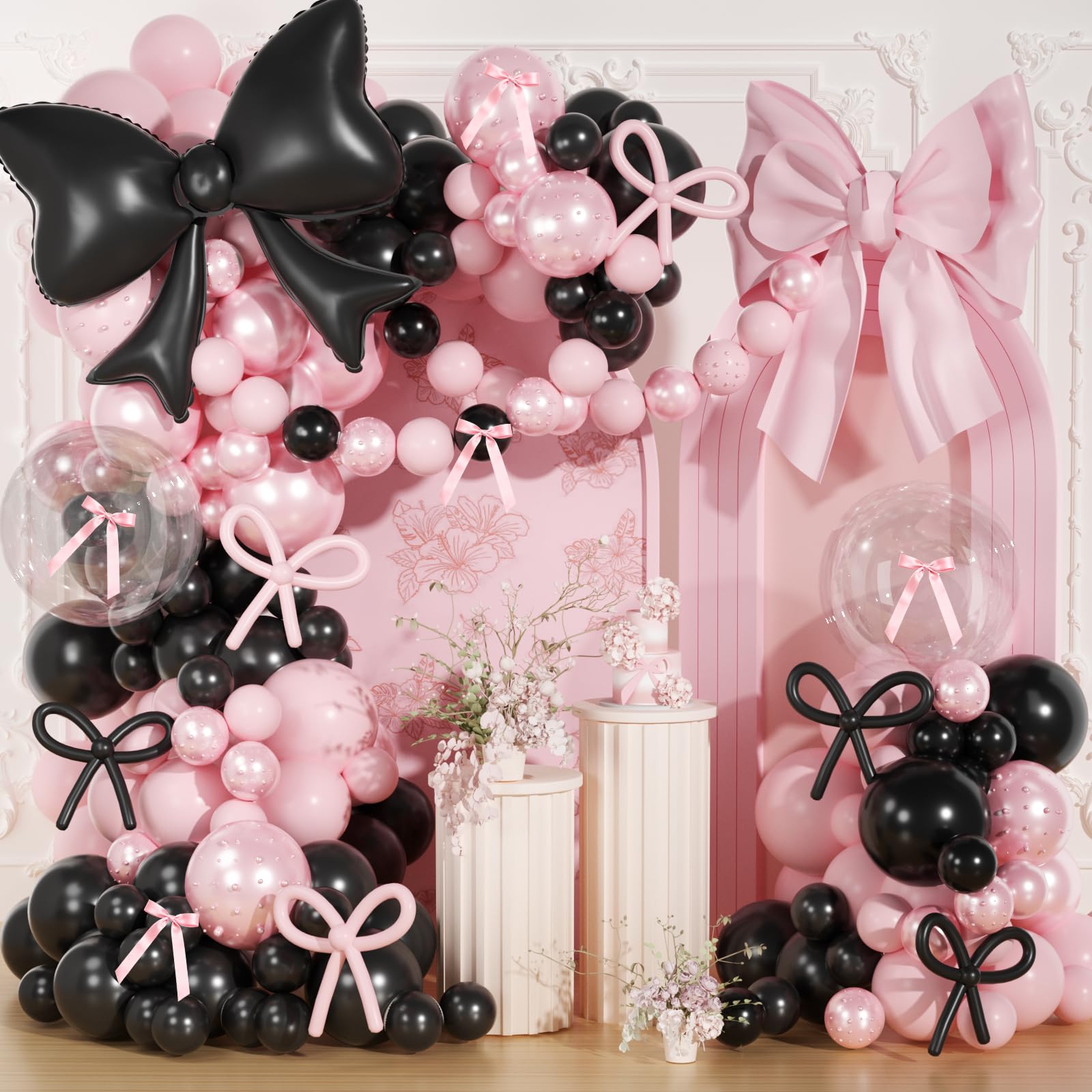 Pink and Black Balloons Arch Kit,189Pcs Pink and Black Birthday Party Decorations with Bow Foil Double Stuffed Pearl Pink Balloons Ribbon Pearl Stickers for Birthday Bachelor Bridal Baby Shower