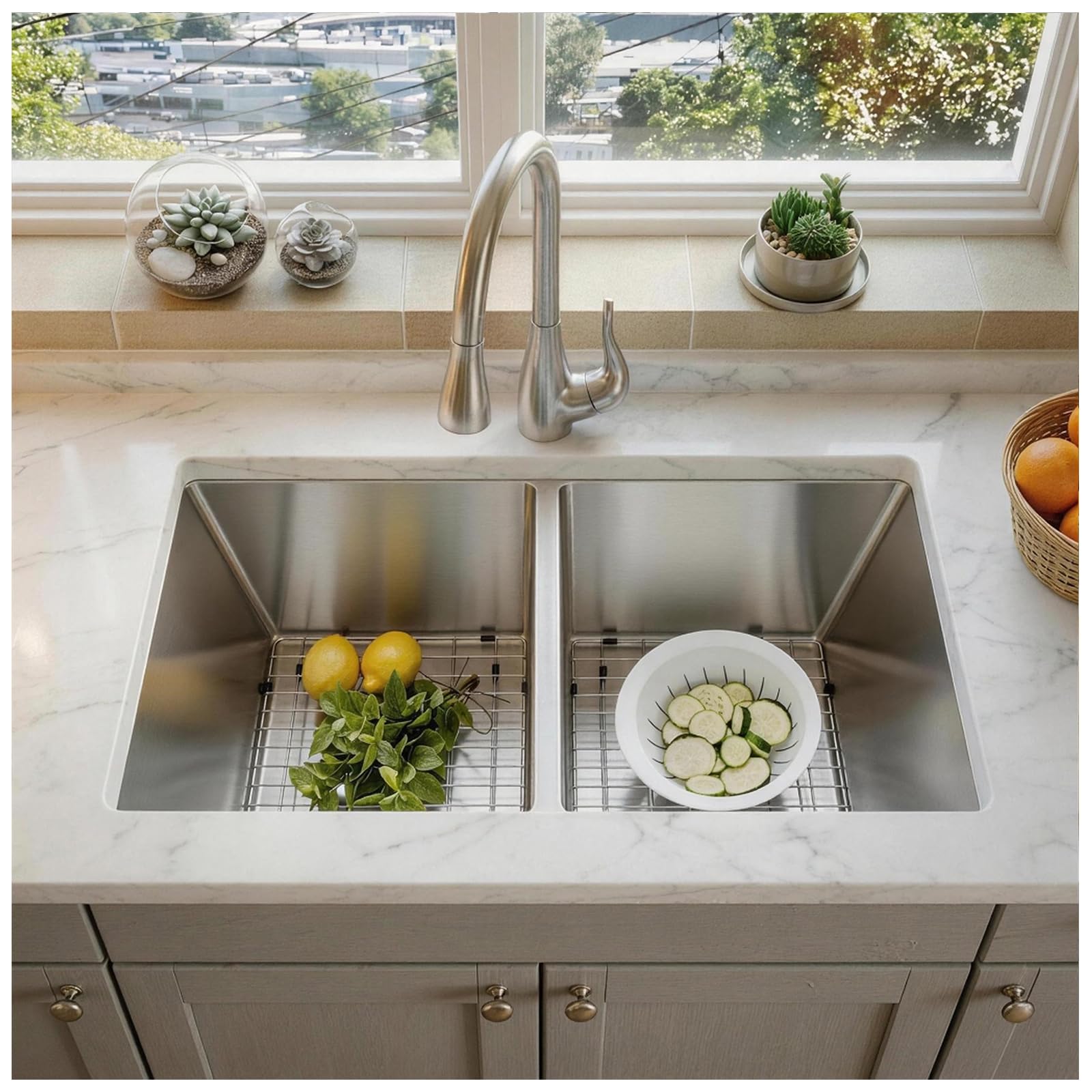 SANYCASA 32 Inch Double Bowl Kitchen Sinks with Quick Drain Slope - 11 Gauge (3mm) 304 Stainless Steel Undermount Kitchen Sink with Accessories