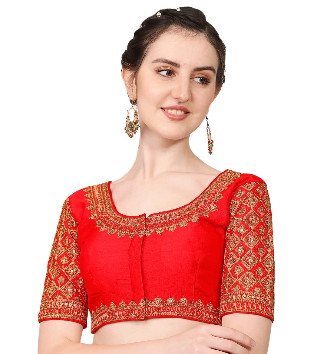 Pujia Mills Women's Embroidery Handwork Sequence Work Heavy Sleeves Readymade Blouse (Red, 36)