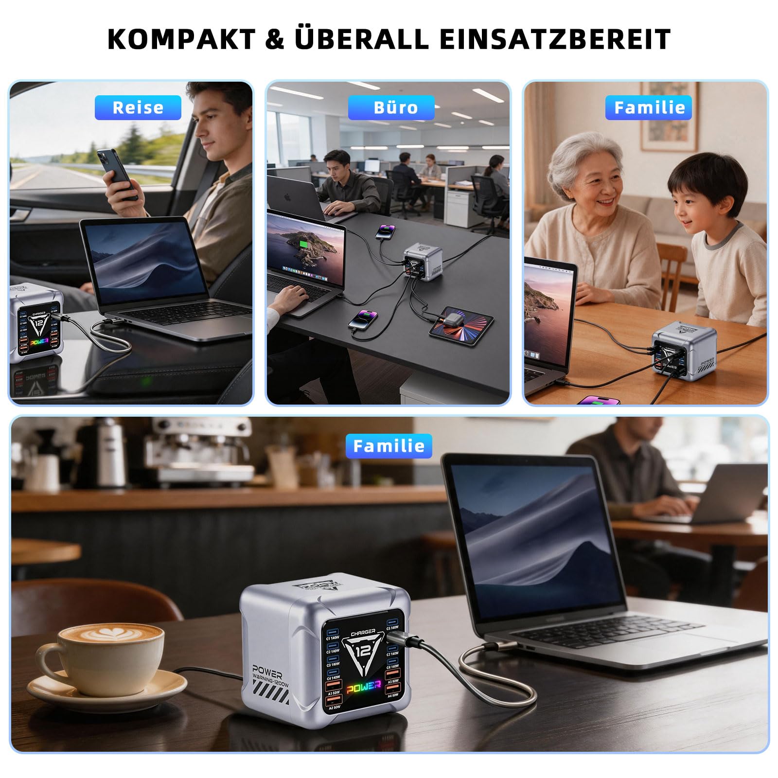 1200W USB C Ladegerät Mehrfach, 12 Ports GaN Laptop Schnellladegerät Ladestation Max PD140W/QC60W (8C+4A) Kompatibel mit MacBook Pro/Air, iPad, iPhone, HP, Galaxy S25 usw (Grau)