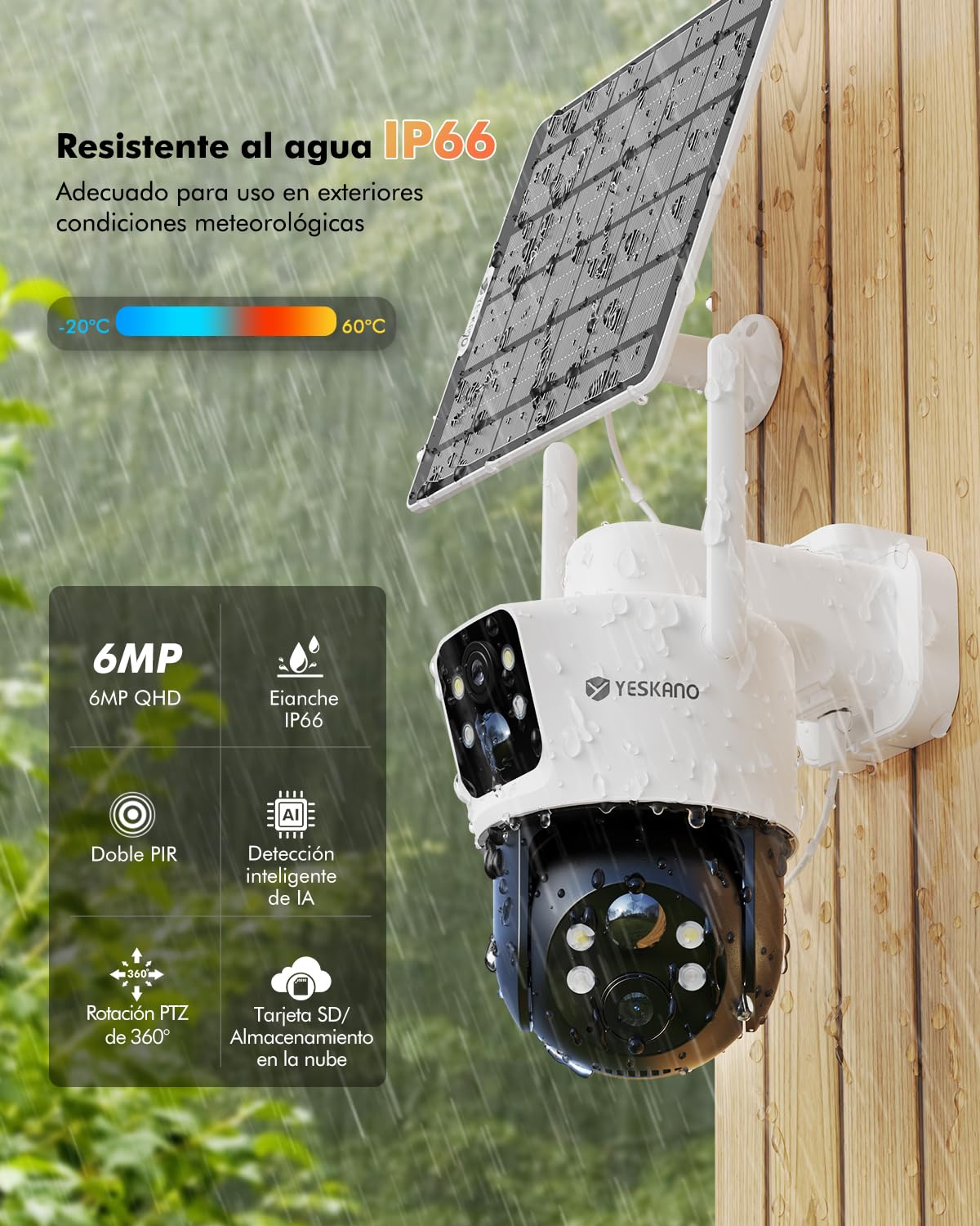 YESKANO Camara Vigilancia WiFi Exterior Solar, Doble Lente PTZ 360° | Panel de 6 W, Control por App, Visión Nocturna en Color, Audio Bidireccional, Protección IP66