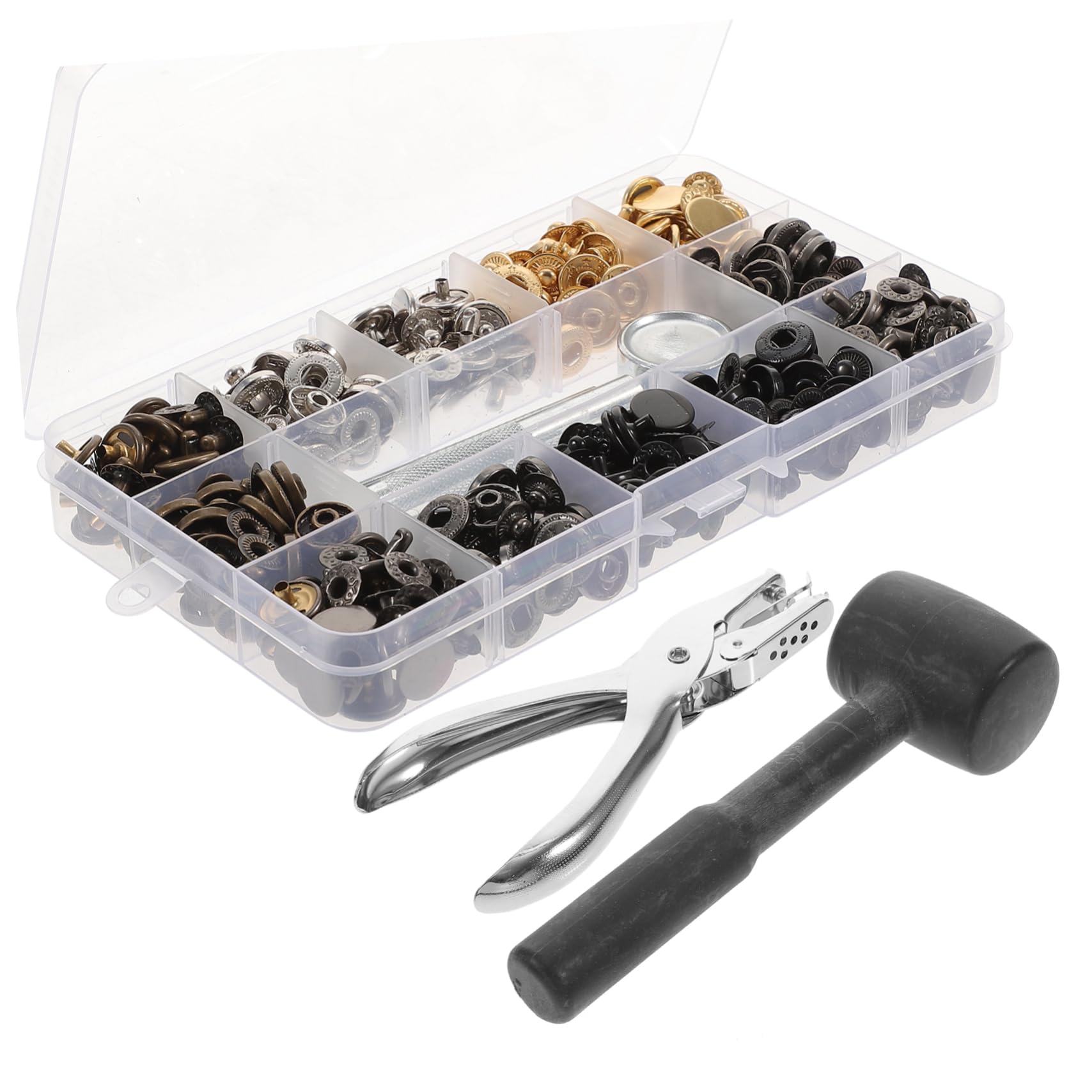 Kit de Broches de Cuero Metálicos 120 Piezas 12, 5mm para Ropa | 6 Colores, 4 Herramientas Incluidas, Caja Compartimentos Múltiples, Aleación Cobre-zinc y Hierro Galvanizado