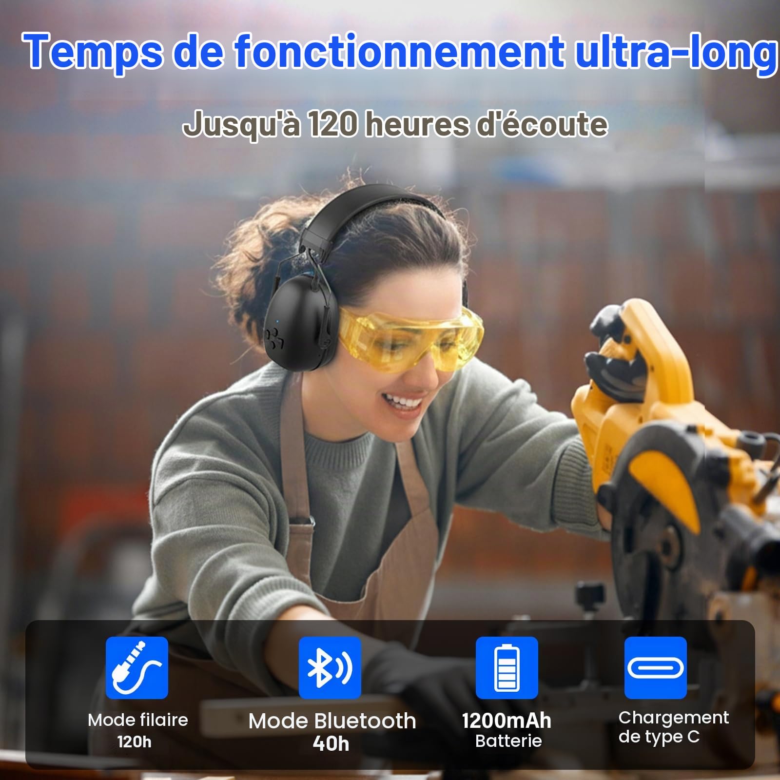 Casque antibruit Bluetooth 5.4, 120 Heures d'autonomie, Microphone intégré, SNR 30 DB, protège-Oreilles avec réduction du Bruit pour la Tonte, Le Travail du Bois et l'aménagement paysager